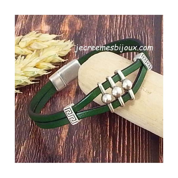 Kit tutoriel bracelet cuir vert printemps boho style argent et fermoir magnétique