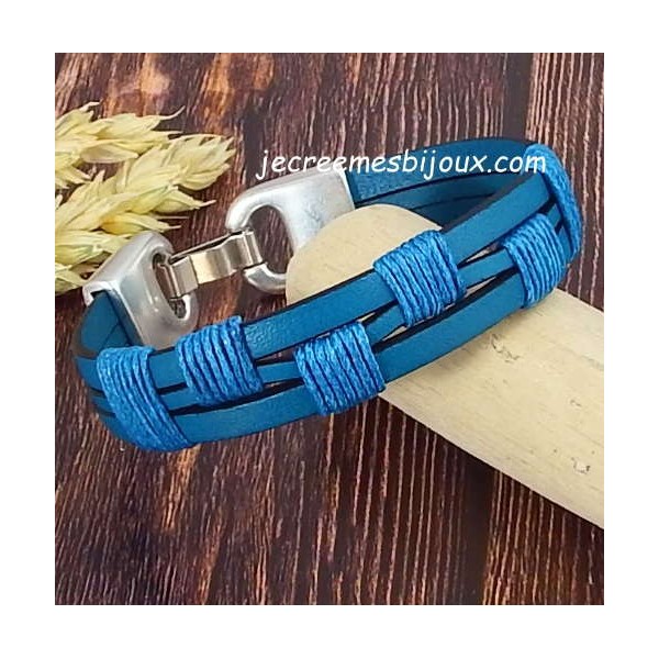 Kit bracelet cuir et coton cire homme turquoise 
