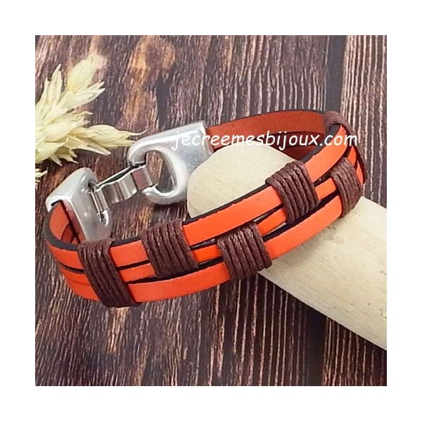 Kit bracelet cuir orange et coton cire marron boheme