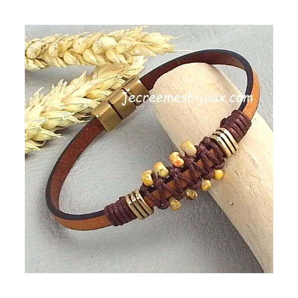 Kit tutoriel bracelet cuir camel bronze rocailles boho style