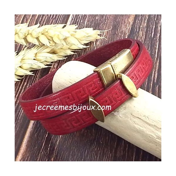 Kit bracelet cuir rouge grave frise grecque avec bronze