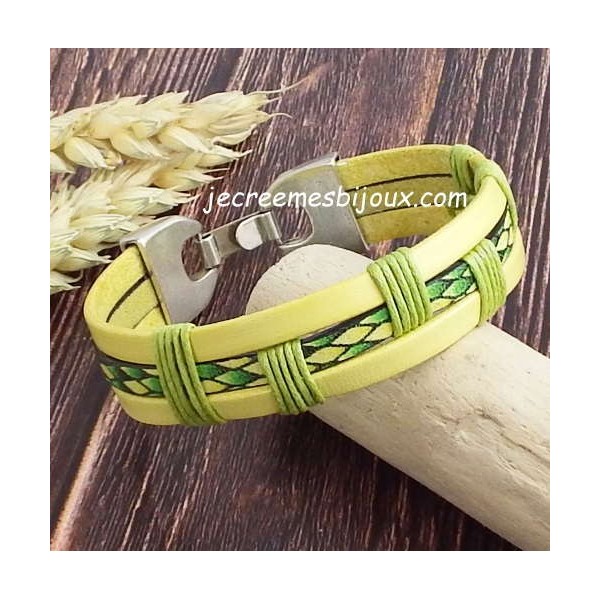 Kit bracelet cuir vert et jaune iguane et coton cire vert fermoir ethnique 