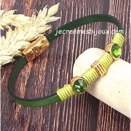 Kit bracelet cuir vert tendre perles or et cristal swarovski emeraude