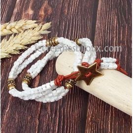 Kit tutoriel bracelet cuir brique perles verre picasso blanc nacre et bronze