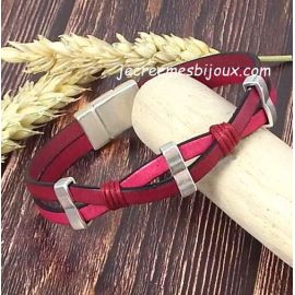 Kit bracelet cuir fuchsia bordeaux croise argent et coton cire