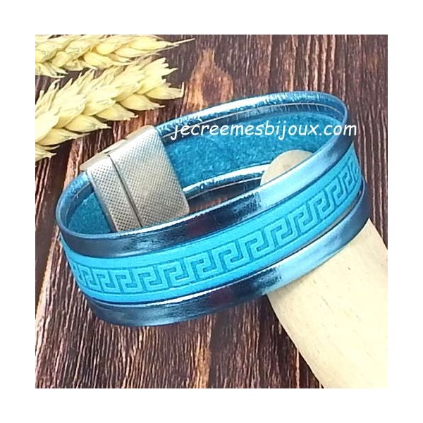 Kit bracelet cuir turquoise manchette grec argent boho