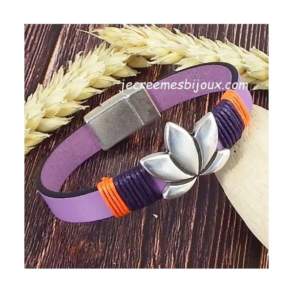 Kit bracelet cuir lilas fleur lotus argent et coton colore