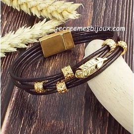 Kit bracelet cuir marron et or 4 cordons fins