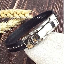 Kit bracelet cuir noir billes fermoir design inox