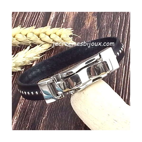 Kit bracelet cuir noir billes fermoir design inox