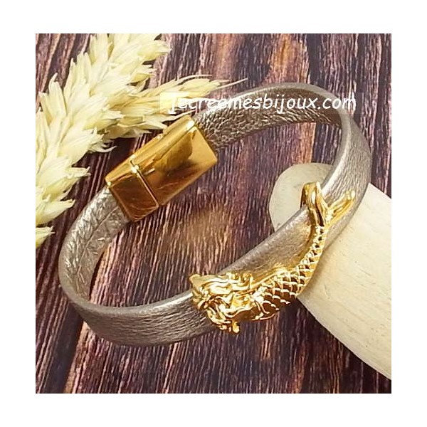Kit bracelet cuir vernis noir fleur lotus argent