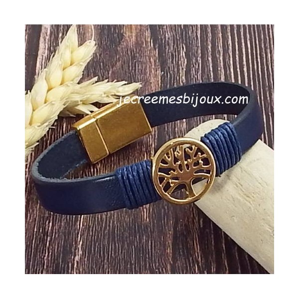 Kit bracelet cuir bleu marine et or arbre de vie avec tutoriel