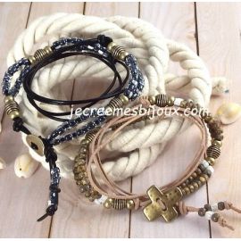 Kit tutoriel bracelet cuir 3 tours perles verre antiques et bronze
