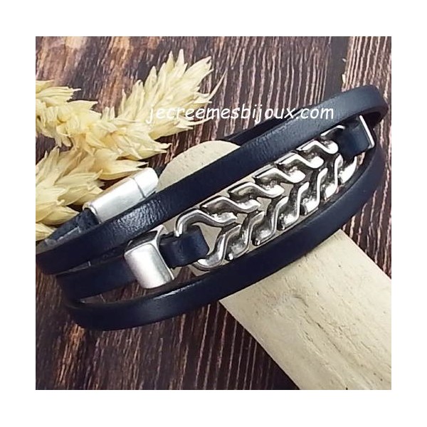 Kit bracelet cuir homme marine chaine epi argent