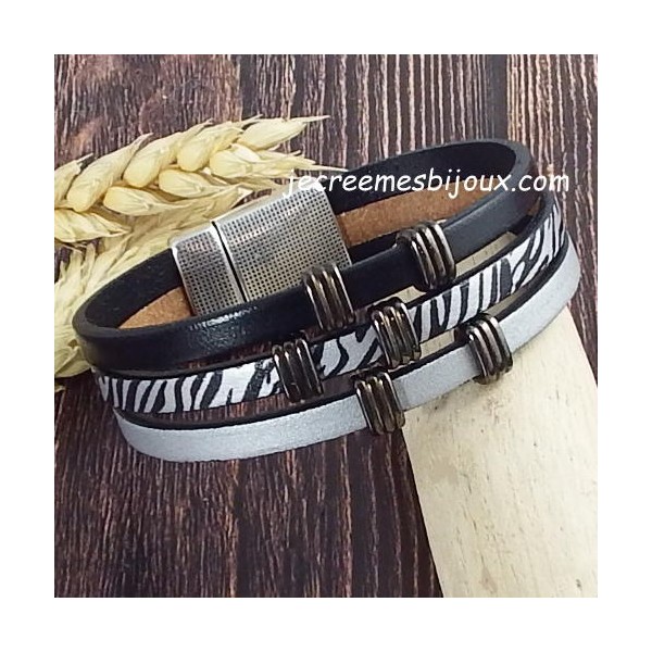 Kit tutoriel bracelet cuir noir argent zebre et gun metal