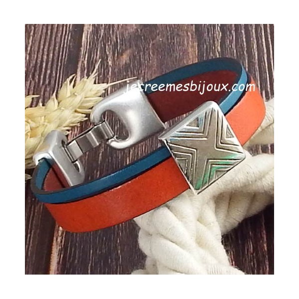 Kit bracelet cuir orange et turquoise geometriqueargent 