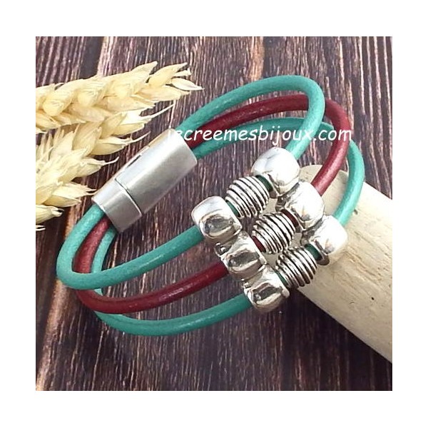 Kit bracelet cuir bordeaux et vert ocean rock avec son tutoriel