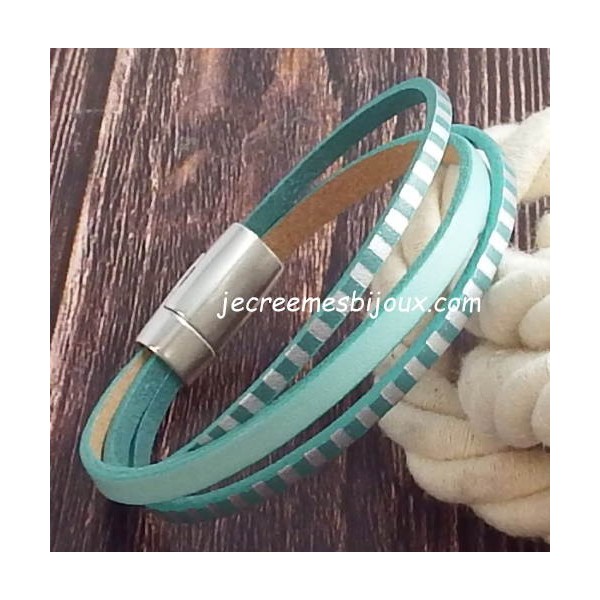 Kit bracelet cuir turquoise pastel raye argent