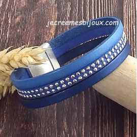 Kit bracelet cuir 3 bleus fermoir argent