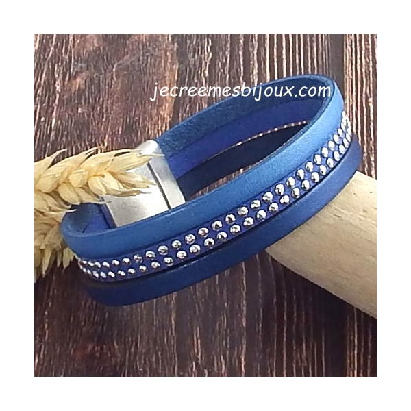 Kit bracelet cuir bleu jean crochet et fermoir argent