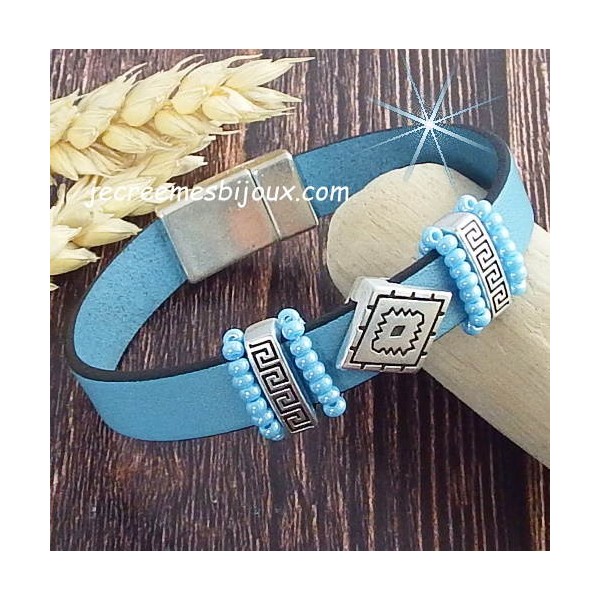 Kit tutoriel bracelet cuir bleu ciel et argent rocailles boho style
