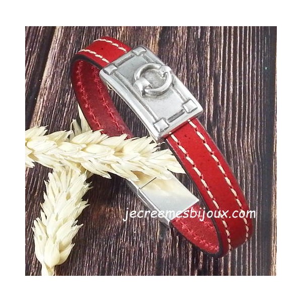 Kit bracelet cuir coutures rouge avec etrier argent
