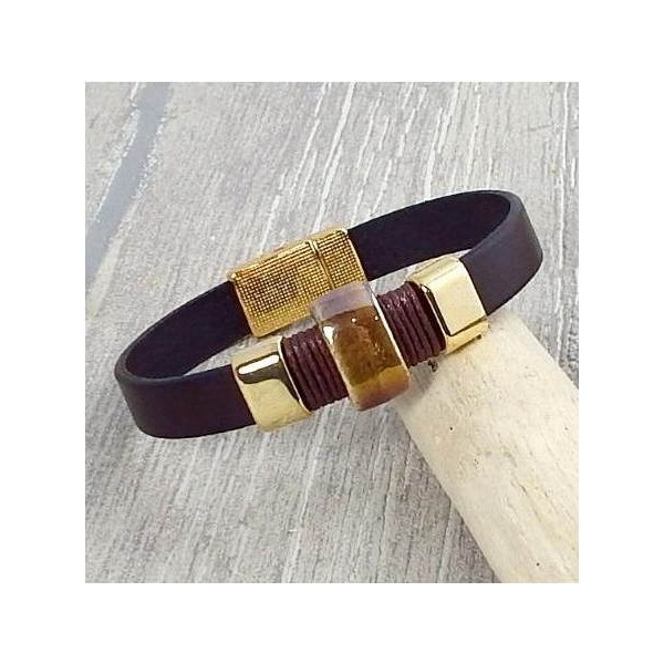 Kit  bracelet cuir homme marron perles or et ceramique