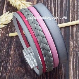 Kit bracelet cuir manchette gris et rose fermoir martele argent avec tutoriel