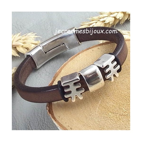 Kit bracelet cuir semi epais marron avec lettres japonaises et fermoir argent et  argent