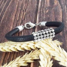Kit tutoriel bracelet cuir couture italien noir avec strass et argent ajustable