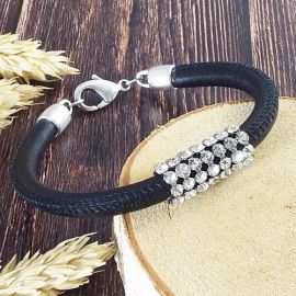 Kit tutoriel bracelet cuir couture italien noir avec strass et argent ajustable