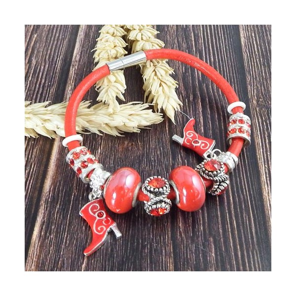 Bracelet cuir rouge avec perles strass, argent et céramique