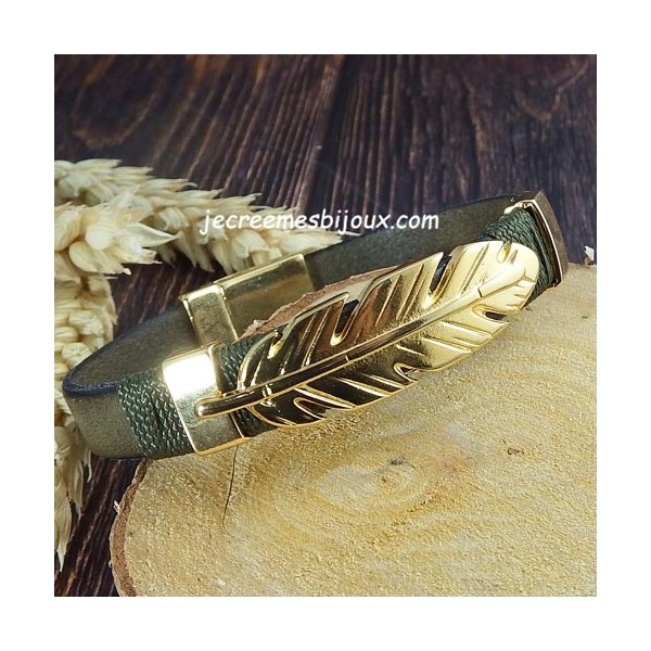 Kit bracelet cuir kaki plume et fermoir or avec enroulage kaki