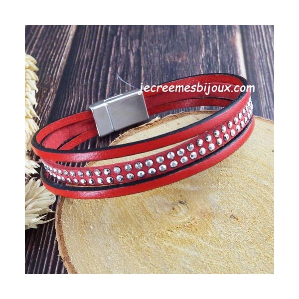 Kit bracelet cuir rouge et suedine strass fermoir argent