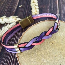 Kit tutoriel bracelet cuir tresse violet mauve et saumon fermoir bronze