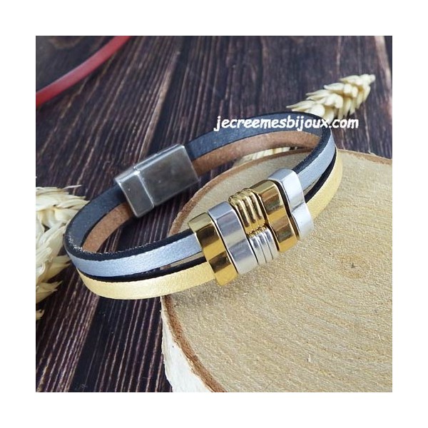 Kit bracelet cuir argent et or geometrique
