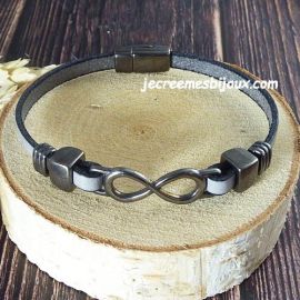 Kit bracelet cuir gris clair et infini gun metal 