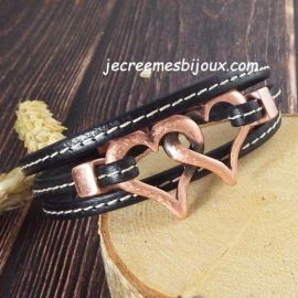 Kit tutoriel bracelet cuir noir couture 3 tours coeurs meles cuivre