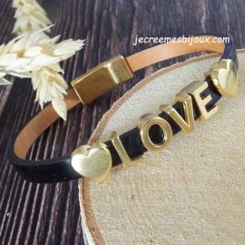 Kit bracelet cuir noir vernis avec love et coeurs flashe or avec tutoriel
