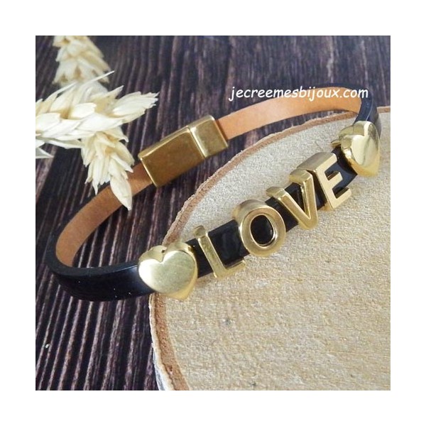 Kit bracelet cuir noir vernis avec love et coeurs flashe or  avec tutoriel