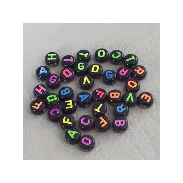 260 perles rondes plates noires alphabet couleurs 9mm