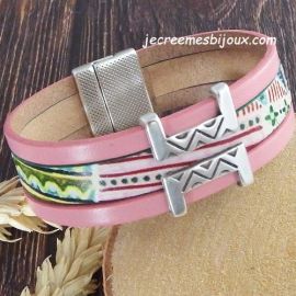 Kit tutoriel bracelet cuir pastel naif rose et vert ethnique