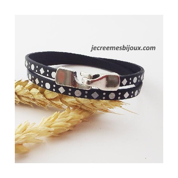 Kit bracelet cuir noir et argent fermoir crochet