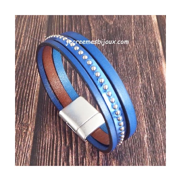 Kit tutoriel bracelet cuir bleu électrique et metal clous argent