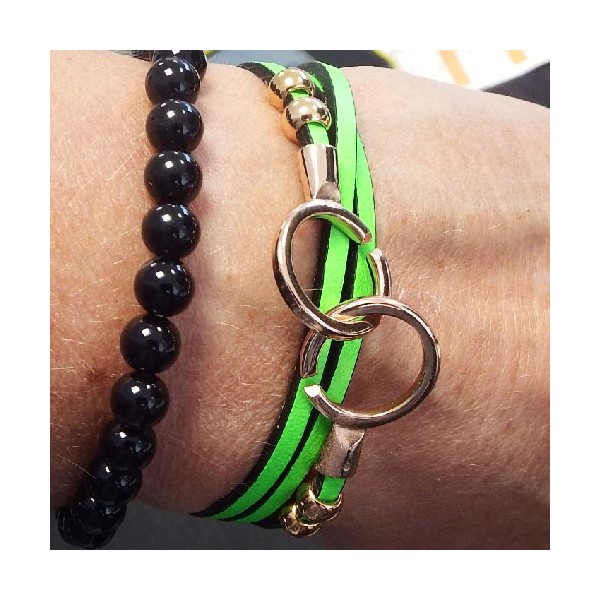 Kit bracelet en cuir fin vert fluo avec fermoir menottes or rose