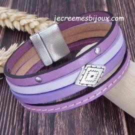 Kit bracelet cuir manchette mauve et argent top