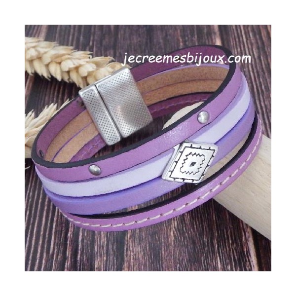 Kit bracelet cuir manchette mauve et argent top