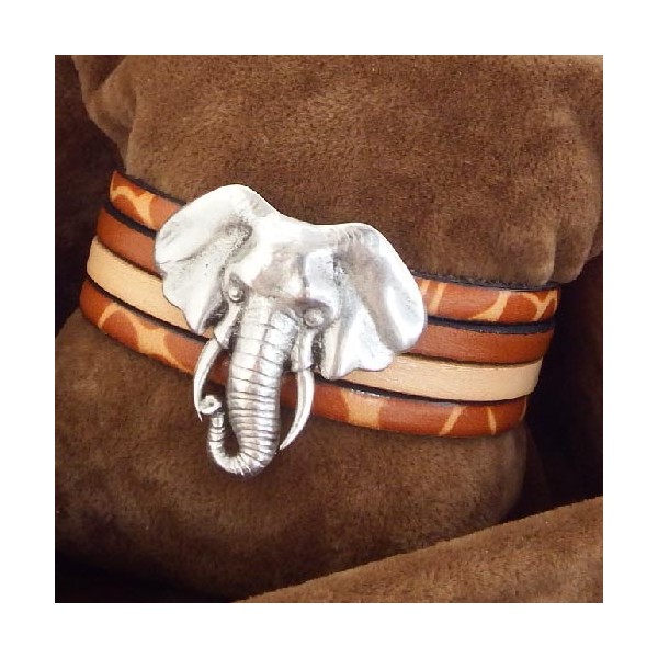 Kit bracelet cuir manchette savane elephant argent
