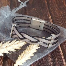 Kit bracelet cuir tresse gris clair et argent
