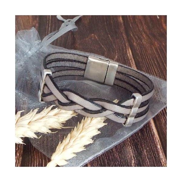 Kit bracelet cuir tresse gris clair et argent